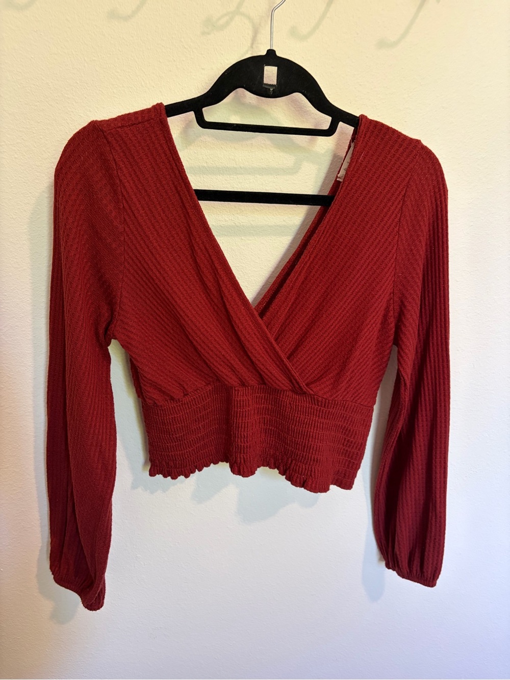 Altar'd State Red Ribbed Long-Sleeve Cropped Wrap Top